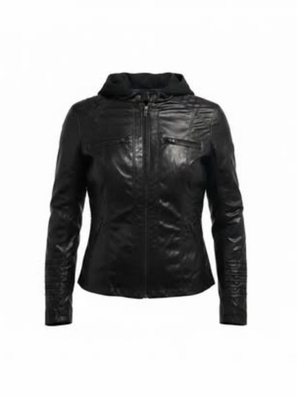 Black Faux Leather Hooded Biker Jacket with Zip Pockets